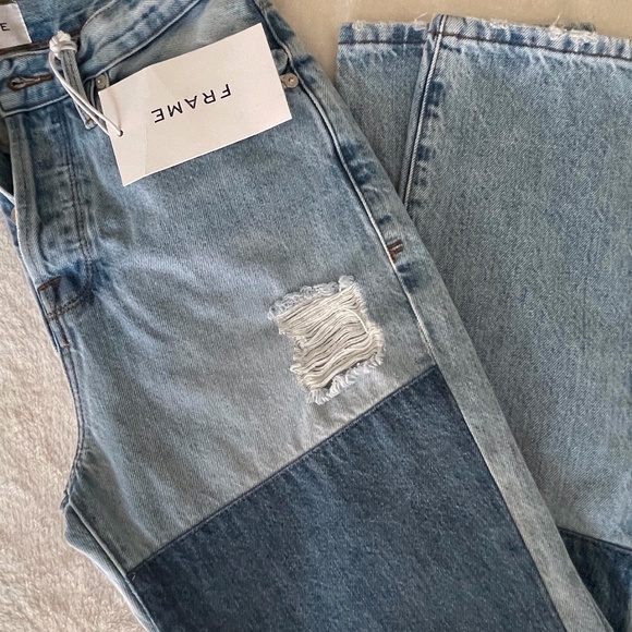 Frame Denim Denim - New Frame Distressed Patchwork High Rise Straight Leg Jeans Size 25